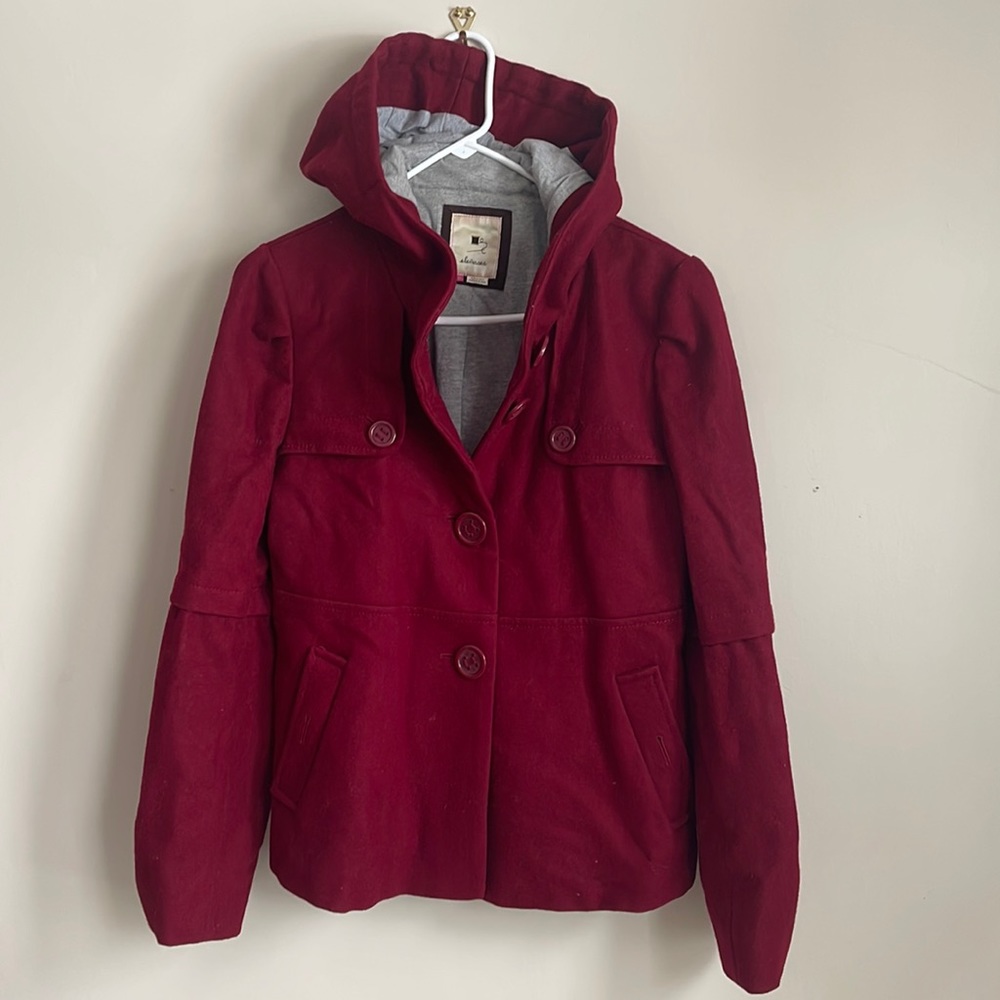 Anthropologie red coat with hood